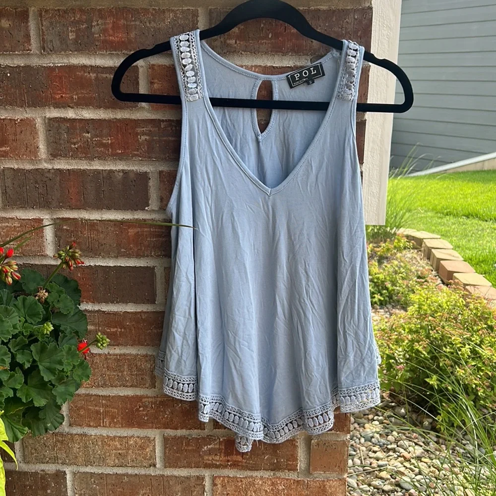 POL Ladies S Oversized Embellished Blue Gray Tank Top